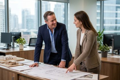 Développeur en costume discutant avec architecte dans un bureau moderne