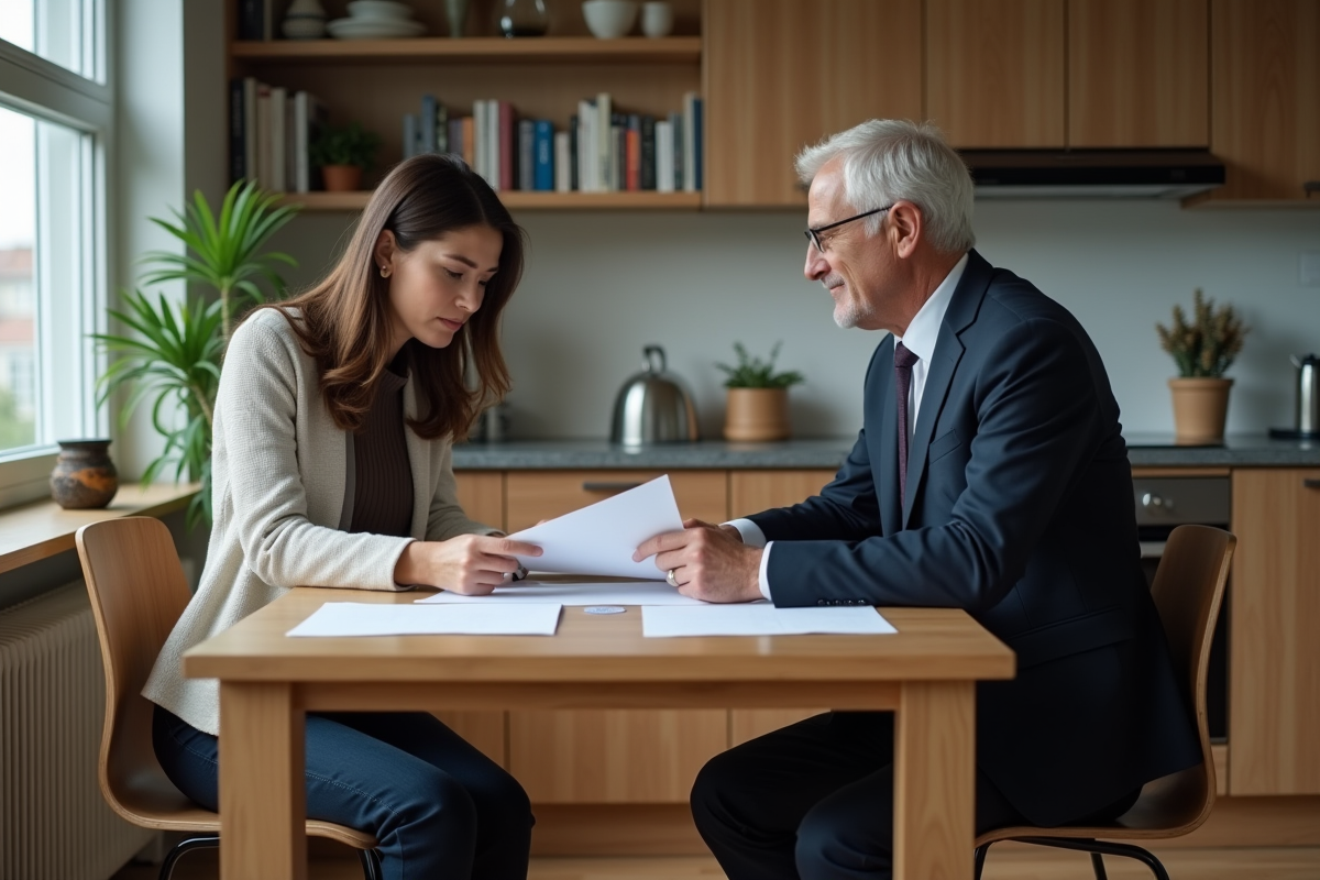 Femme et expert discutent documents dans une cuisine chaleureuse