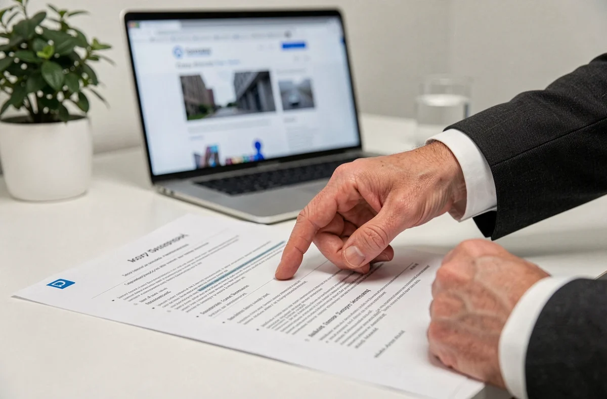 Mains d'un professionnel indiquant un document de présentation officielle d'une société immobilière sur un bureau