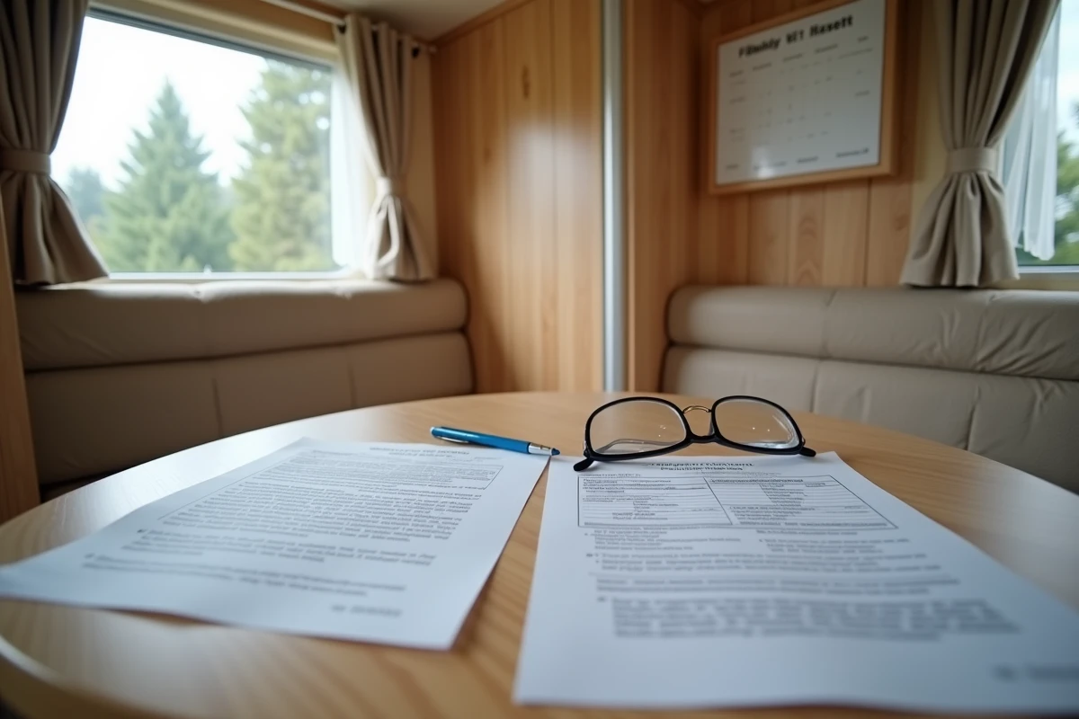 Documents de vente d'un mobil-home occasion disposés sur une table dans l'intérieur d'un camping à l'année