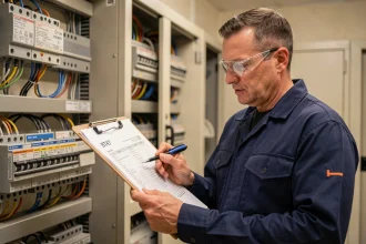 Électricien consultant l'indice BT47 sur un chantier de bâtiment commercial