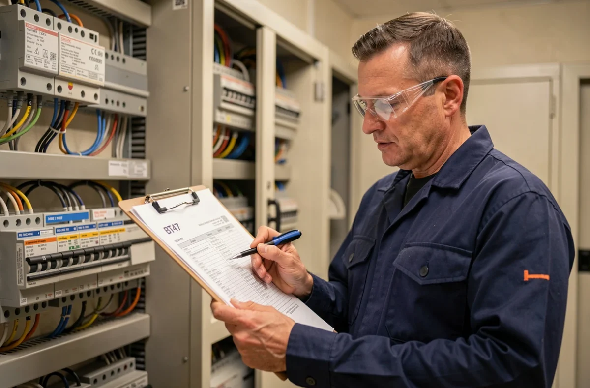 Électricien consultant l'indice BT47 sur un chantier de bâtiment commercial