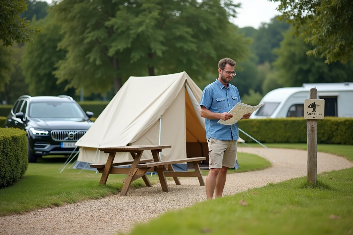 Homme consultant un plan sur un emplacement de camping aménagé avec tente et table de pique-nique