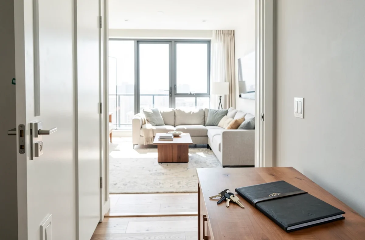 Entrée d'un appartement lumineux avec des clés et un dossier