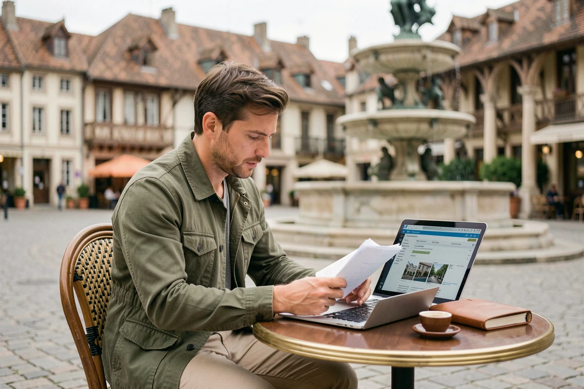 Entrepreneur consultant des opportunités immobilières commerciales en terrasse d'un café sur la Place François Rude à Dijon