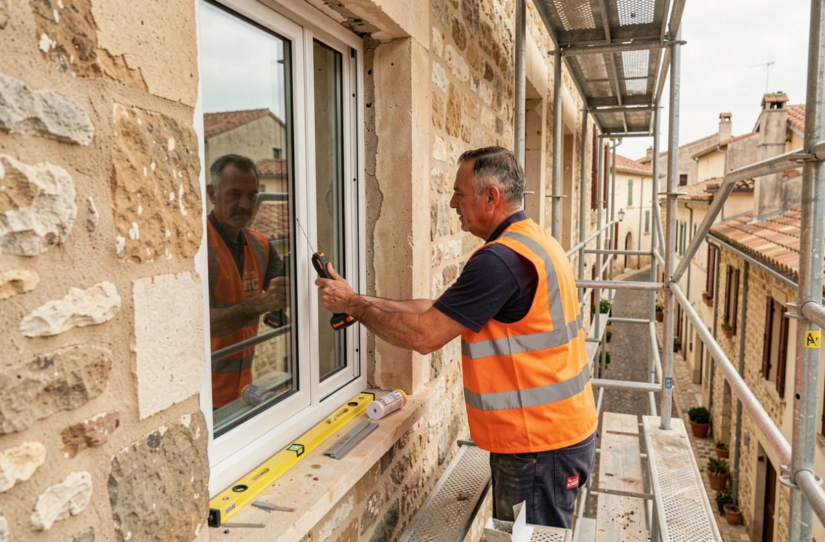 Ouvrier posant une fenêtre double vitrage en PVC sur la façade d'une maison en pierre à Béziers
