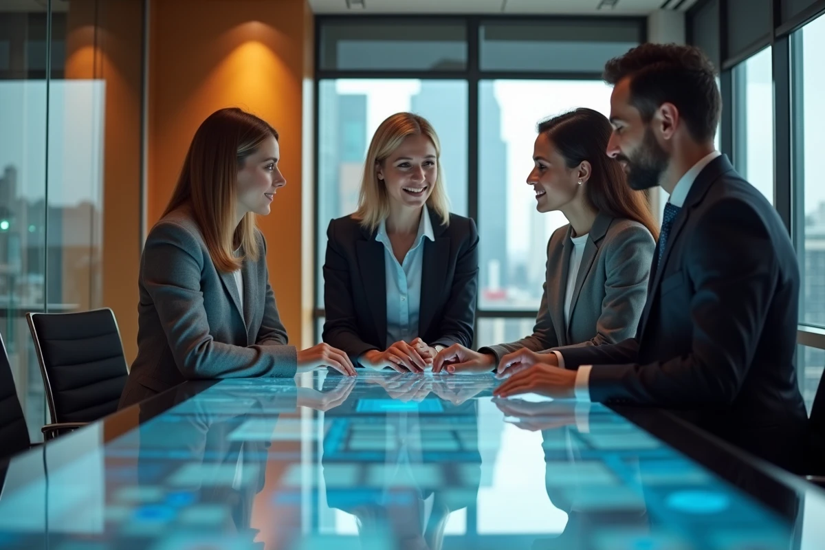 Groupe de professionnels immobiliers en discussion dans une salle moderne