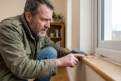 Entrepreneur examinant un joint de fenêtre mal posé lors d'une rénovation défectueuse