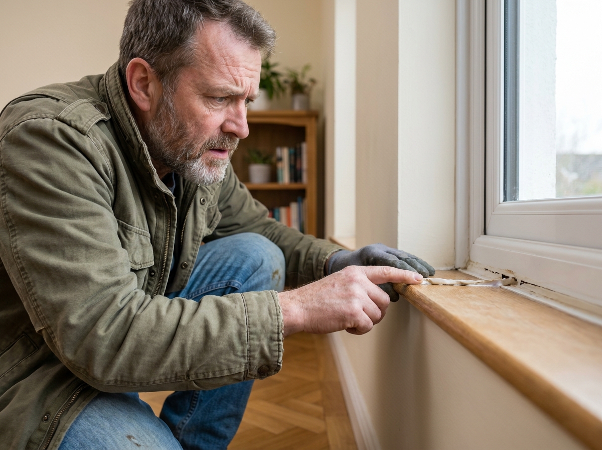 Entrepreneur examinant un joint de fenêtre mal posé lors d'une rénovation défectueuse