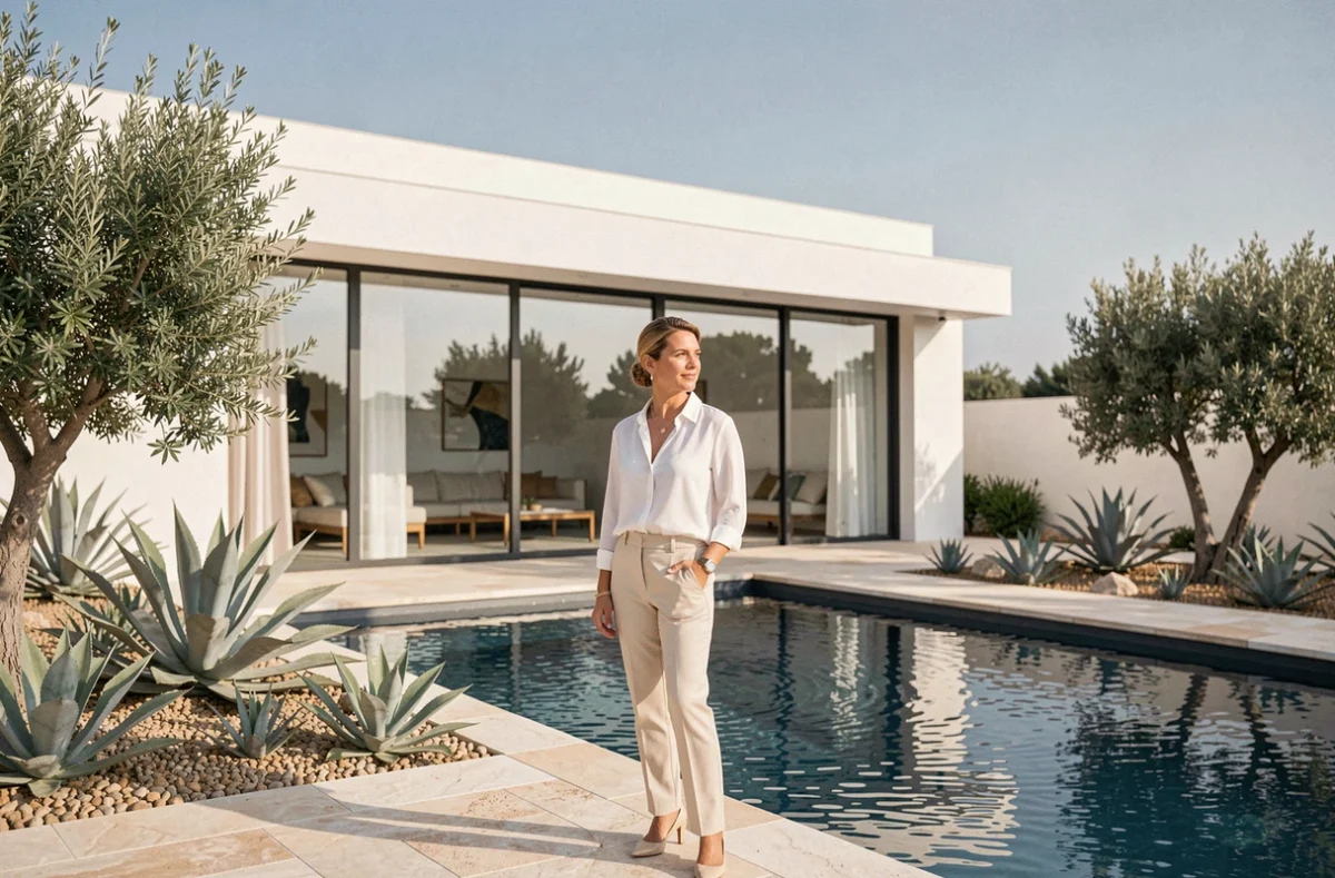Femme élégante au bord d'une piscine devant une villa contemporaine construite par Esprit Villa dans le sud de l'Occitanie