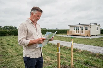 Propriétaire évaluant une parcelle de terrain avec mobil home en Vendée, carte cadastrale à la main