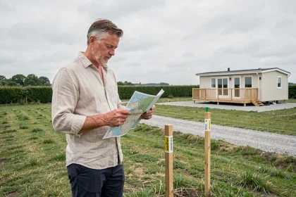 Propriétaire évaluant une parcelle de terrain avec mobil home en Vendée, carte cadastrale à la main
