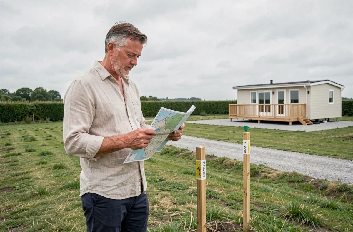 Propriétaire évaluant une parcelle de terrain avec mobil home en Vendée, carte cadastrale à la main