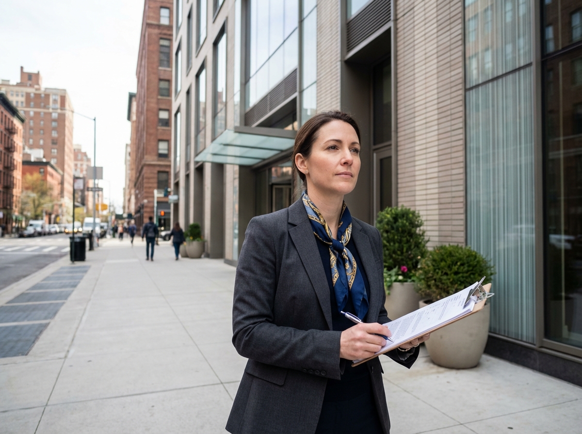 Evaluatrice immobilière examine une façade urbaine moderne