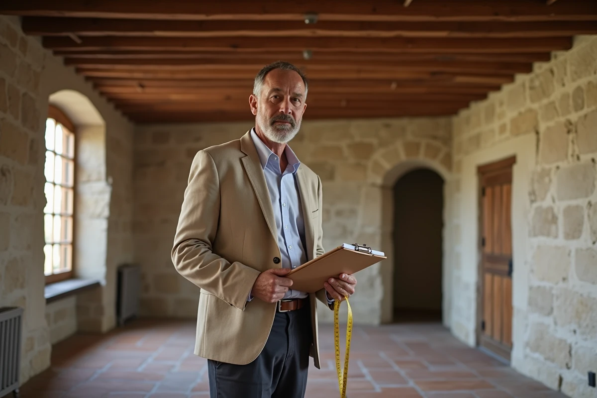 Expert immobilier évaluant l'intérieur d'une longère normande avec poutres apparentes et murs en pierre