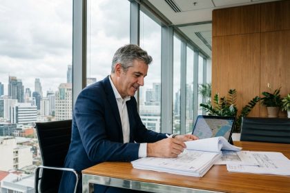 Expert immobilier en costume navy dans un bureau moderne
