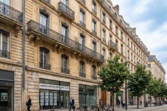 Façade haussmannienne avec affichage de prix immobiliers dans le quartier Part-Dieu à Lyon