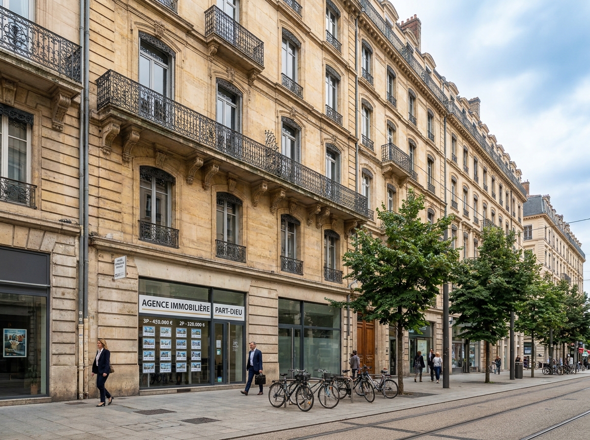 Façade haussmannienne avec affichage de prix immobiliers dans le quartier Part-Dieu à Lyon