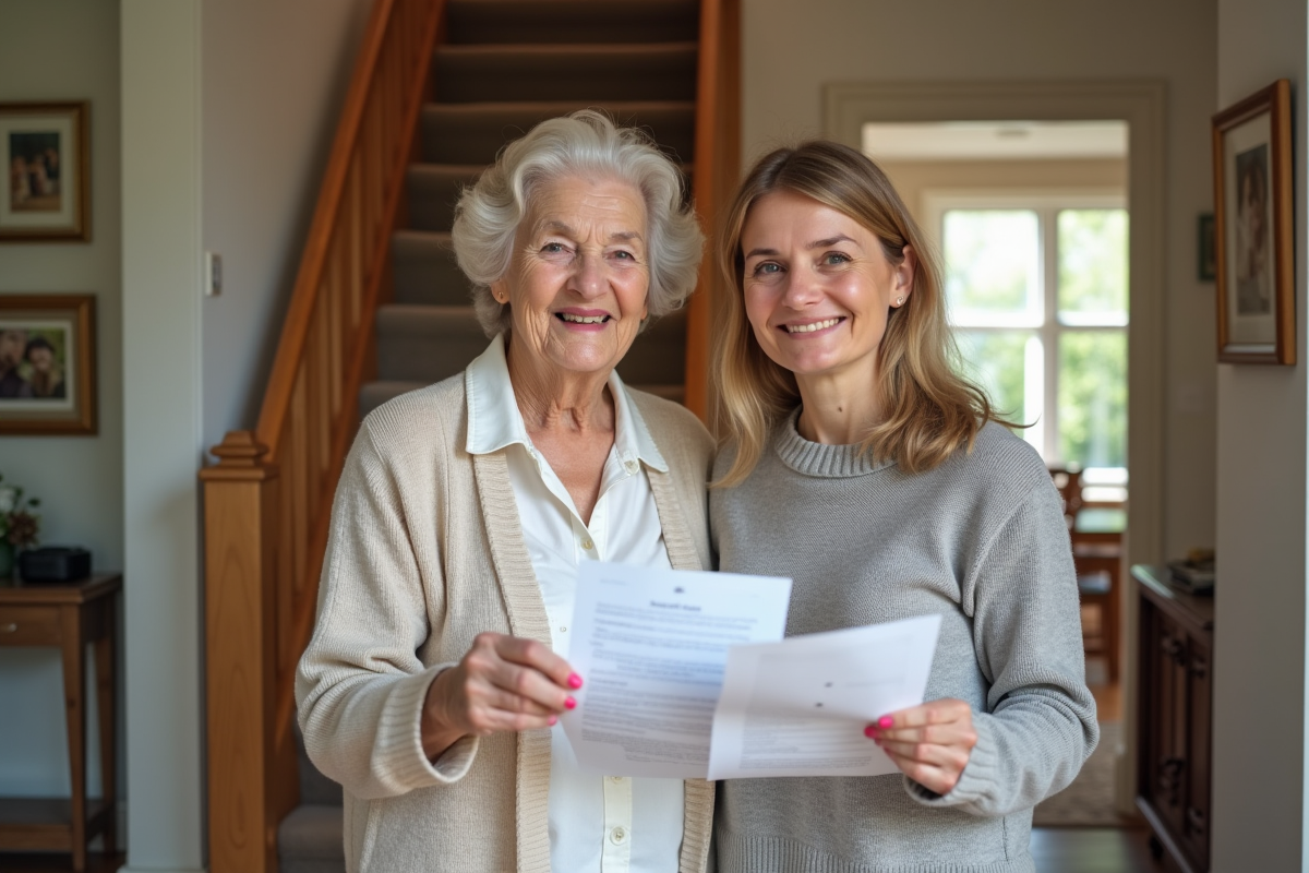 Femme âgée et fille avec clés et rapport immobilier