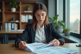 Femme d affaires examine une estimation immobiliere dans un bureau moderne