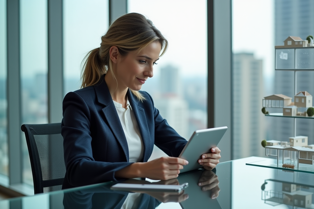 Femme d'affaires en costume bleu examinant des annonces immobilières