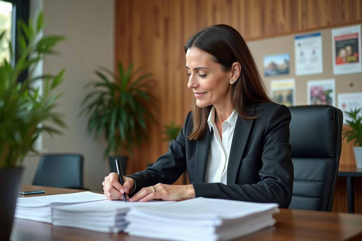 Femme d affaires signant des papiers dans un bureau professionnel