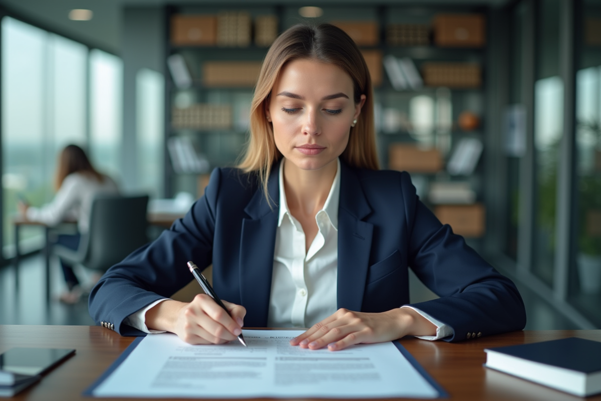 Femme d'affaires signant un contrat dans un bureau moderne