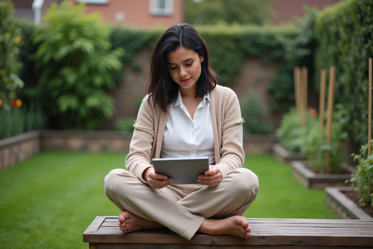 Femme consultant des annonces immobilières sur tablette dans le jardin d'une maison en location abordable