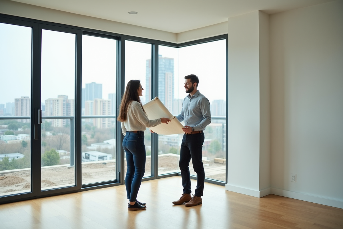 Jeune femme professionnelle examinant des plans dans un appartement lumineux