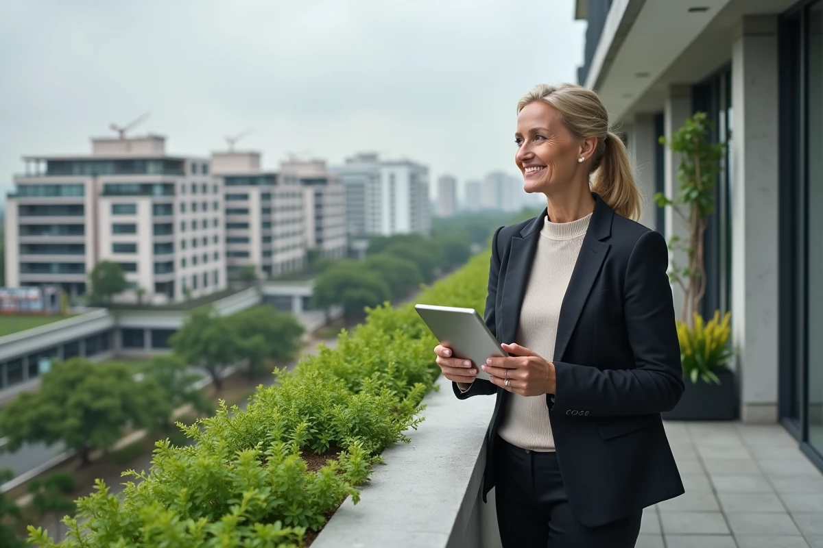 Femme d affaires souriante sur balcon d un immeuble moderne