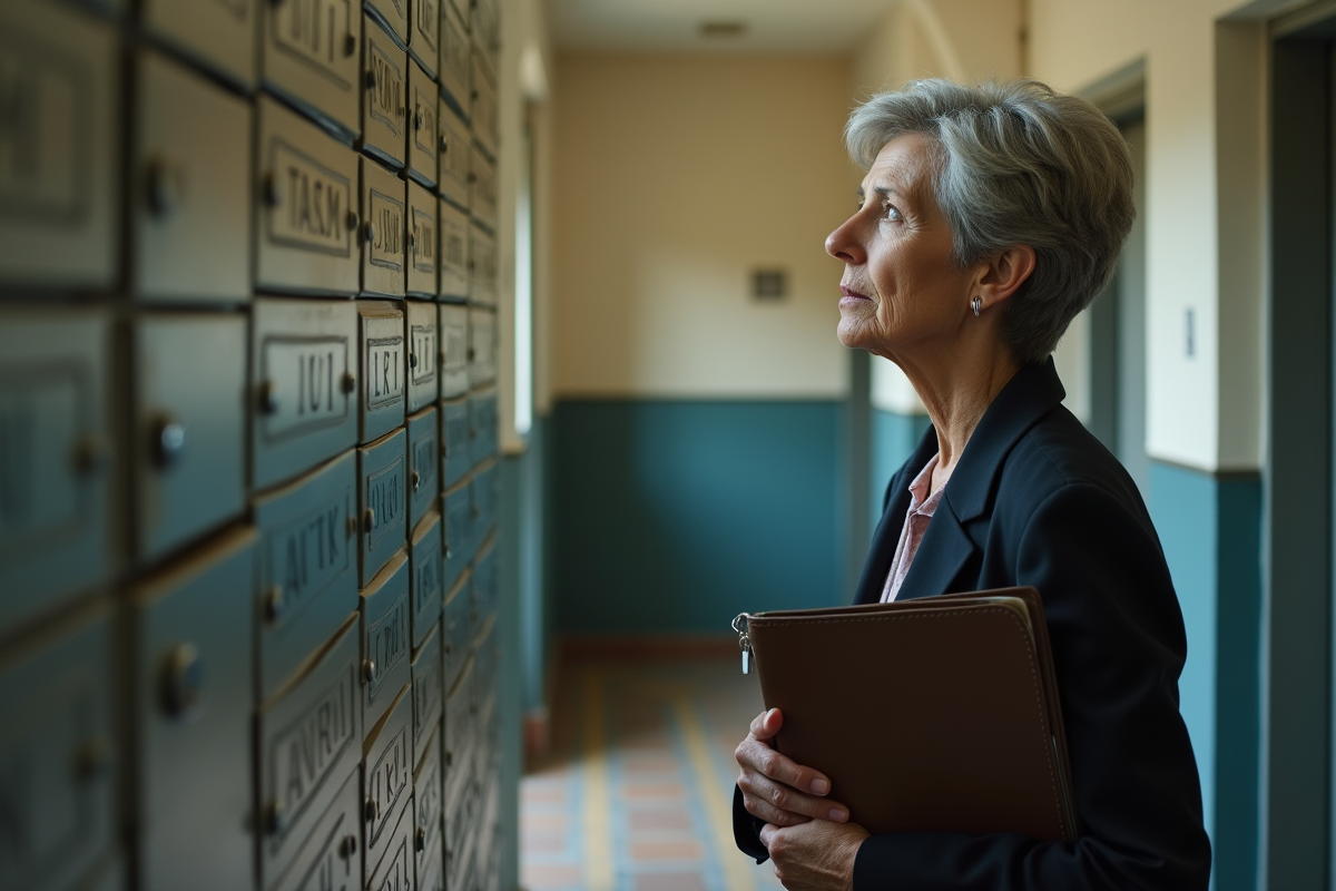 Femme dans le hall regardant les boîtes aux lettres