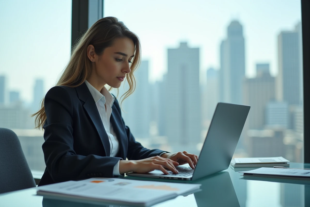 Jeune femme professionnelle travaillant sur un ordinateur dans un bureau moderne