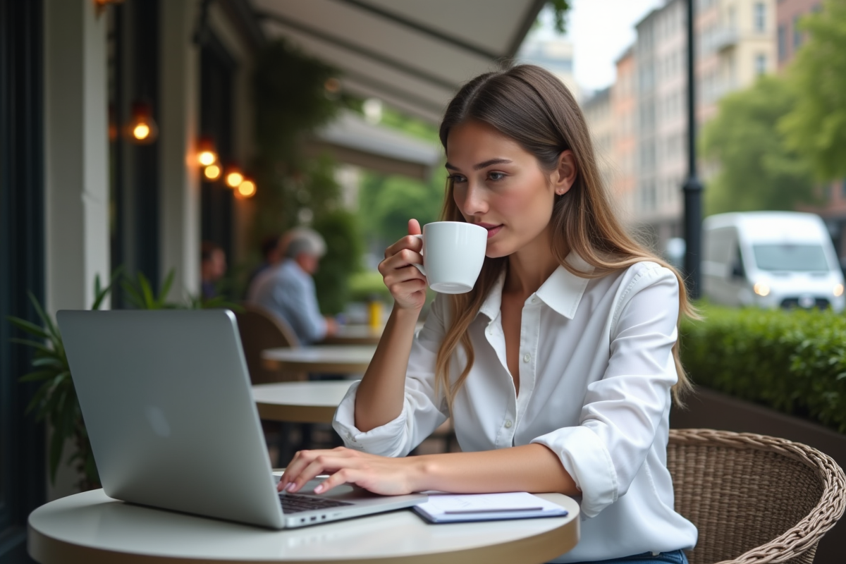 Jeune femme professionnelle travaille sur son ordinateur en terrasse