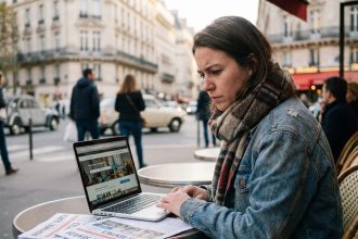 Jeune femme concentrée sur son ordinateur à Paris
