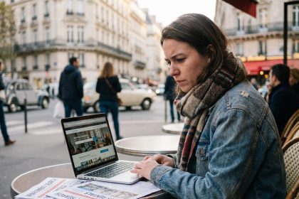 Jeune femme concentrée sur son ordinateur à Paris