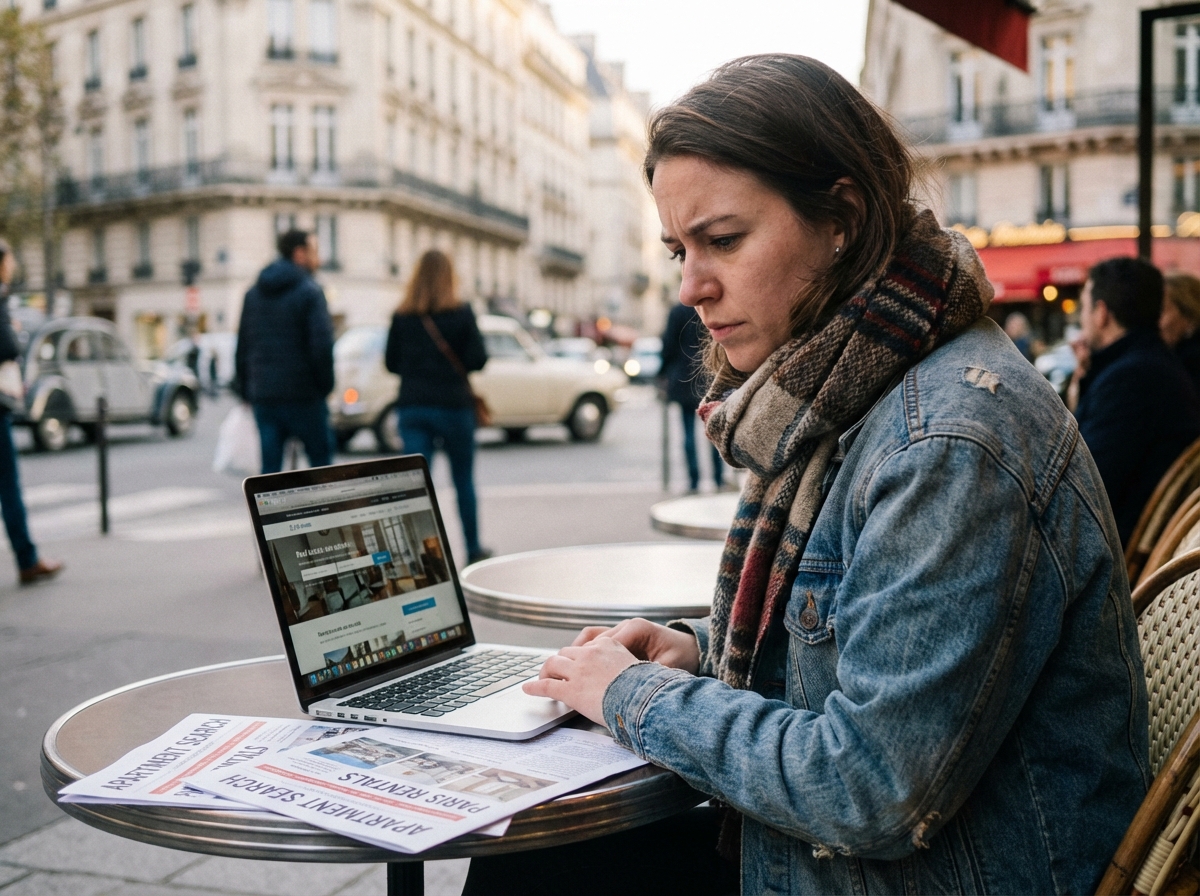 Jeune femme concentrée sur son ordinateur à Paris