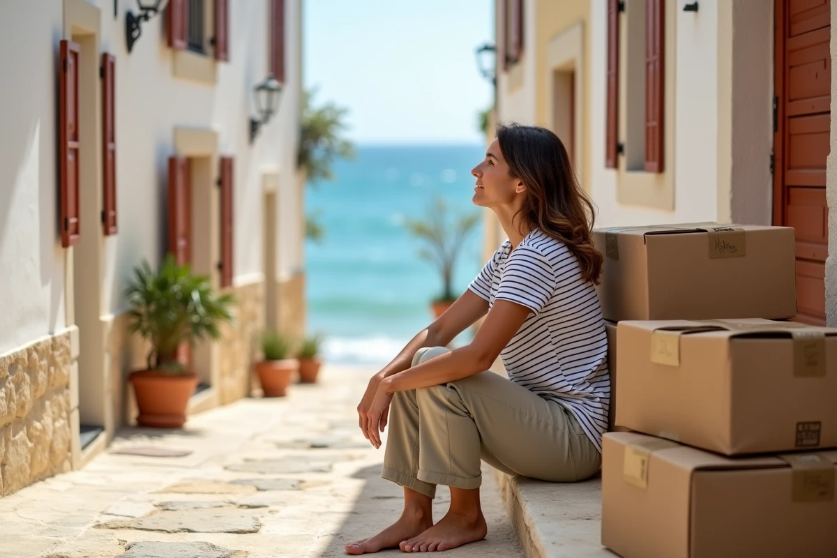 Femme entourée de cartons de déménagement sur le pas d'une maison de ville côtière dans le sud de la France face à la Méditerranée