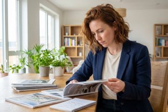 Femme concentrée feuilletant un catalogue de maison dans un intérieur lumineux