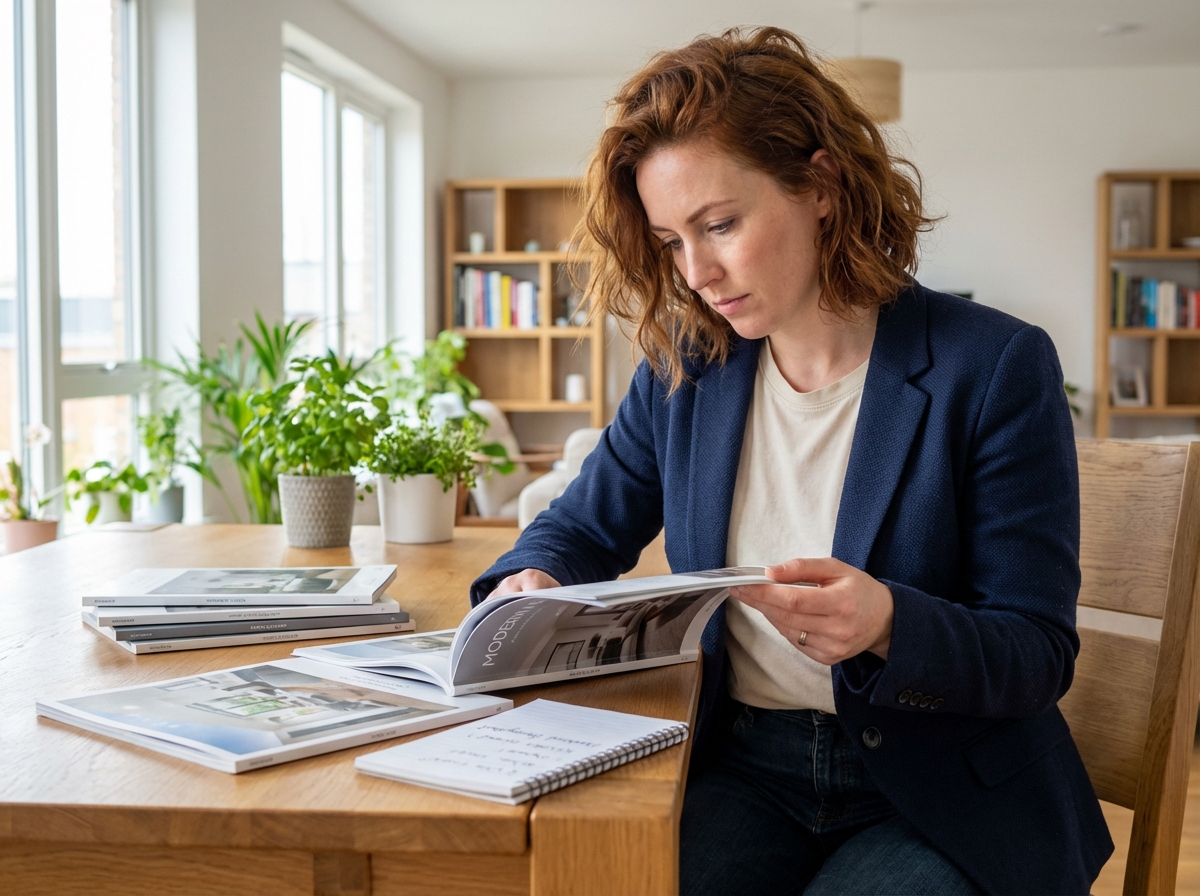 Femme concentrée feuilletant un catalogue de maison dans un intérieur lumineux