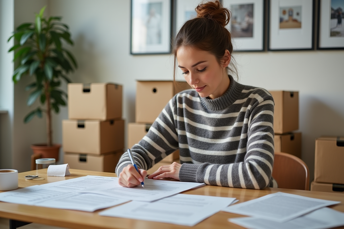 Femme assise à son bureau remplissant un formulaire de changement d'adresse
