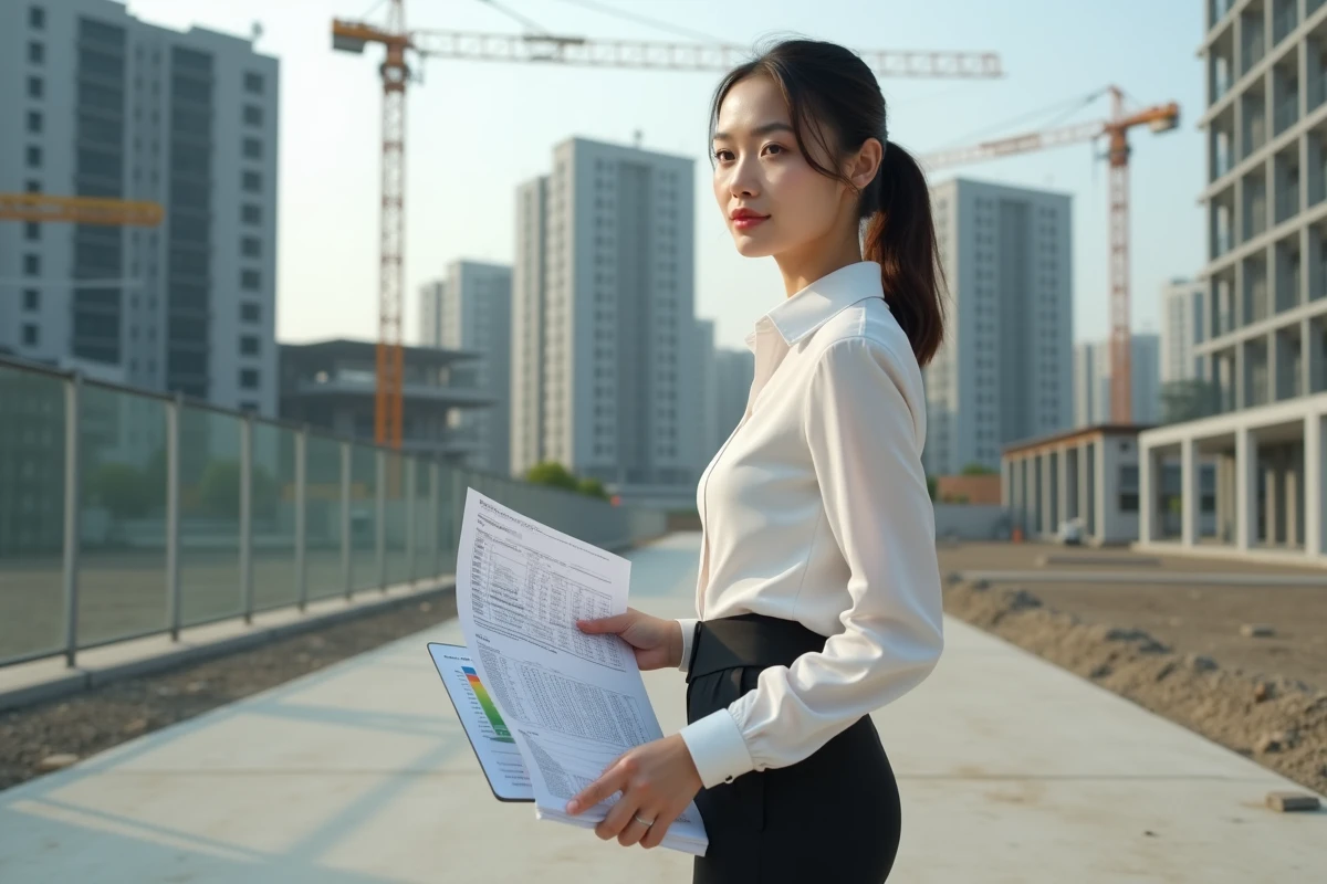 Jeune femme sur un chantier avec permis et tablette