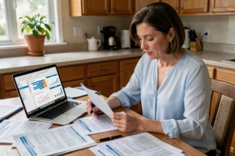 Femme comparant des contrats d'assurance habitation sur sa table de cuisine avec des documents papier et un ordinateur portable