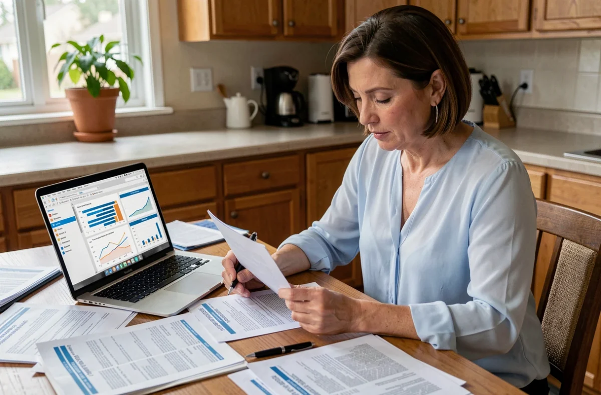 Femme comparant des contrats d'assurance habitation sur sa table de cuisine avec des documents papier et un ordinateur portable
