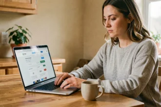 Femme comparant des offres d'assurance habitation en ligne sur un ordinateur portable dans une cuisine moderne