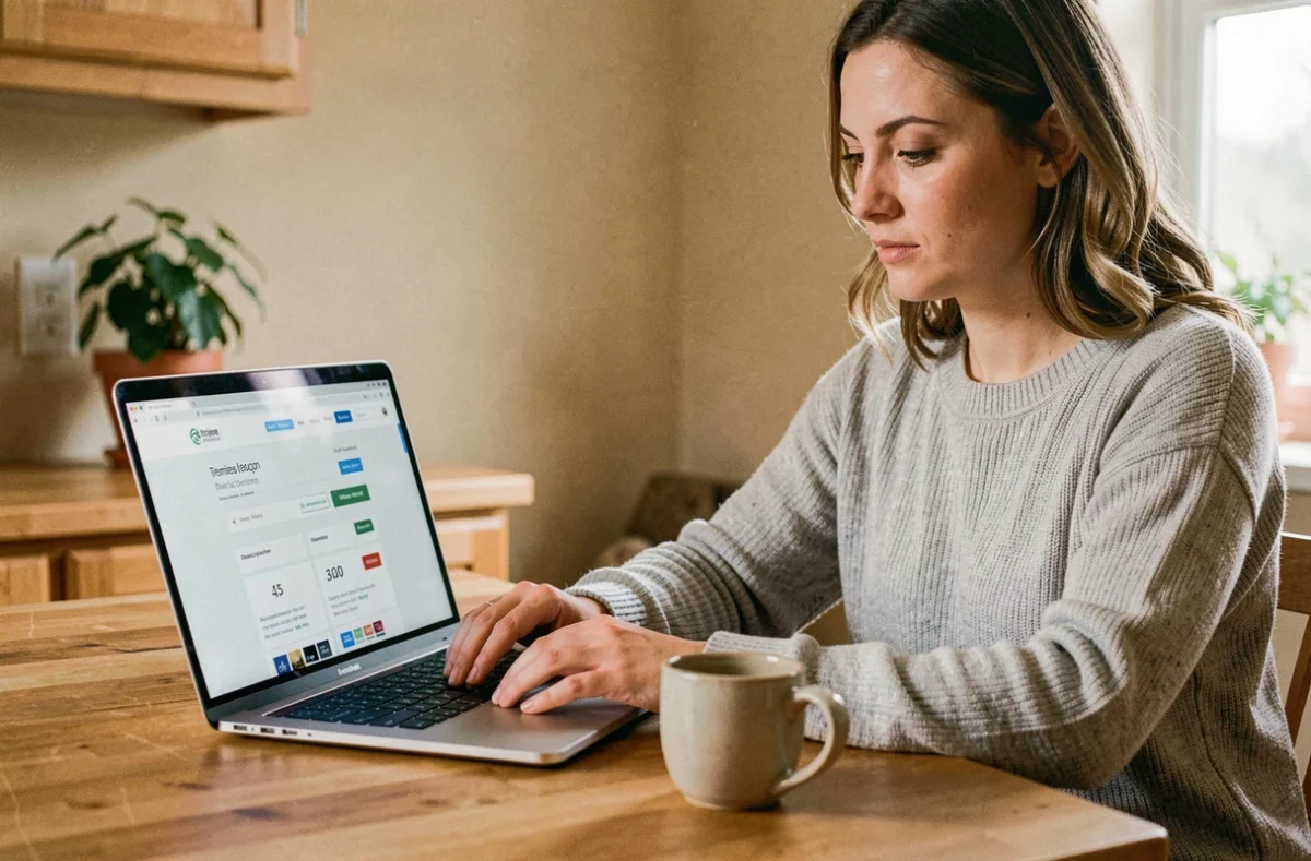 Femme comparant des offres d'assurance habitation en ligne sur un ordinateur portable dans une cuisine moderne