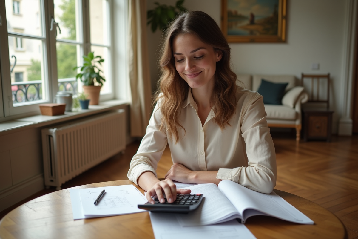 Femme souriante travaillant avec un carnet et calculatrice à la maison