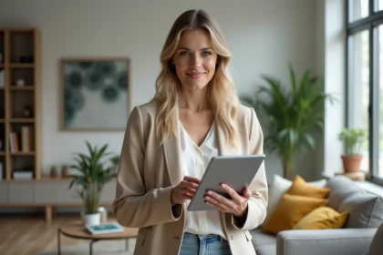 Femme confiante tenant une tablette dans un appartement moderne