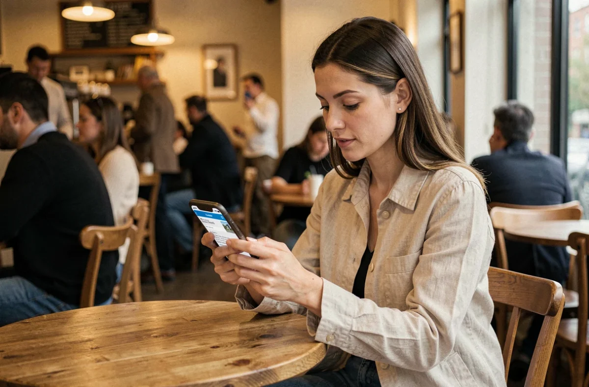 Femme consultant des annonces immobilières sur son smartphone dans un café, application mobile LOC