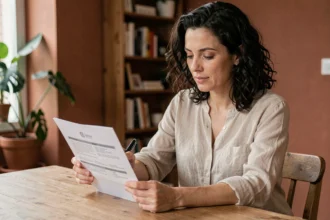 Femme consultant un contrat d'assurance habitation à une table en bois dans un appartement moderne
