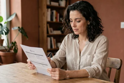 Femme consultant un contrat d'assurance habitation à une table en bois dans un appartement moderne